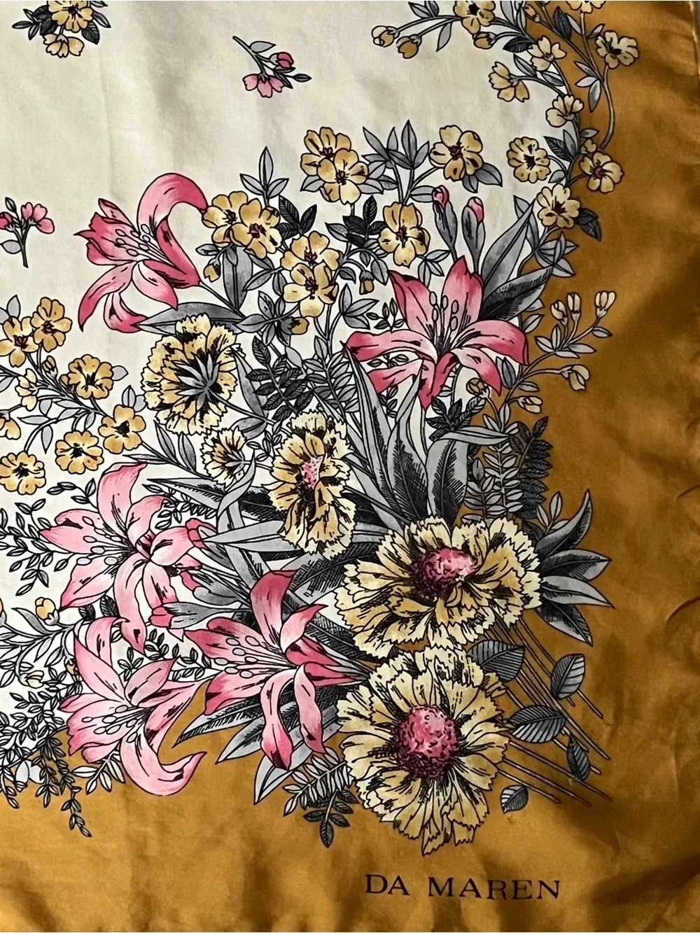 Pure silk scarf made in Italy with delicate florals and a rare circle metal clip